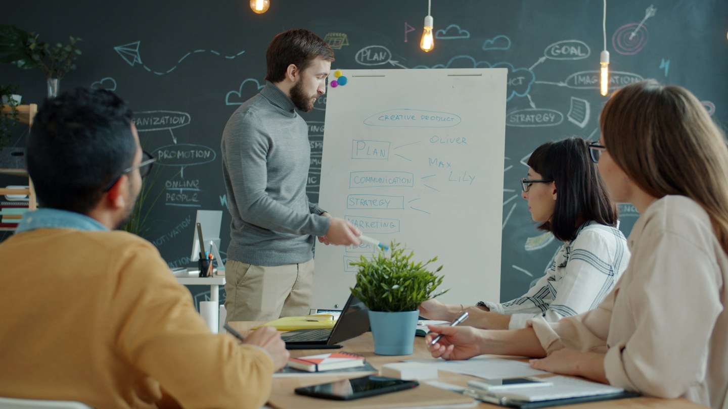 A team discussing a project beside a whiteboard